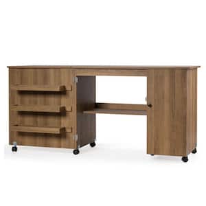 Brown Folding Large Sewing Table Storage Shelves Storage Cabinet Kitchen Cart with Lockable Casters