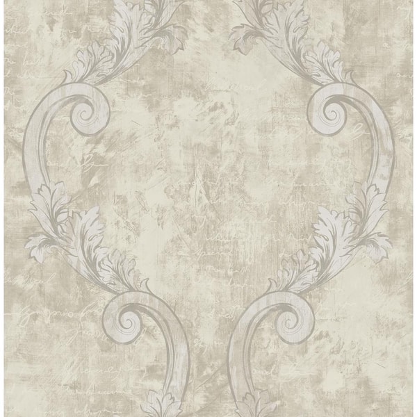 Seabrook Designs Sicily Calligraphy Metallic Silver and Greige Scroll Paper Strippable Roll (Covers 56.05 sq. ft.)