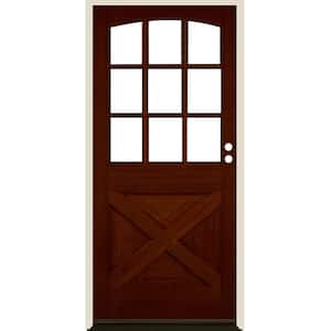 36 in. x 80 in. Farmhouse X Panel LH 1/2 Lite Clear Glass Red Chestnut Stain Douglas Fir Prehung Front Door