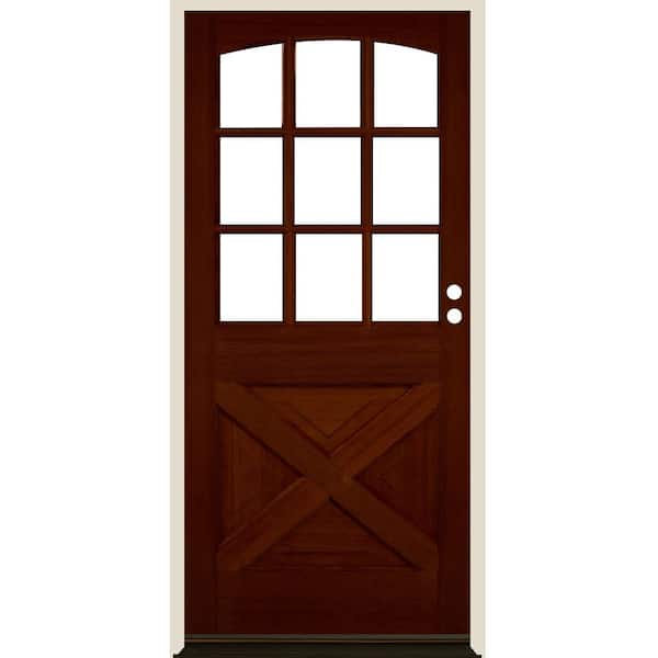 Krosswood Doors 36 in. x 80 in. Farmhouse X Panel LH 1/2 Lite Clear Glass Red Chestnut Stain Douglas Fir Prehung Front Door