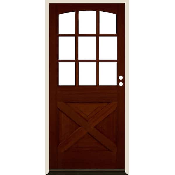 Krosswood Doors 36 in. x 80 in. Farmhouse X Panel LH 1/2 Lite Clear Glass Red Chestnut Stain Hemlock Prehung Front Door