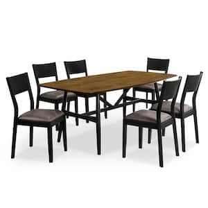Latavia 7-Piece Rectangle Antique Oak and Black Wood Top Dining Table Set (Seats 6)