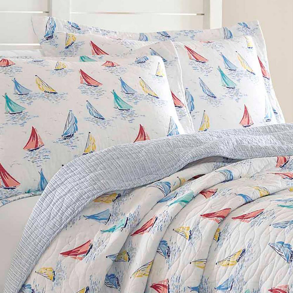 Ahoy Blue Cotton Reversible Twin Quilt Set