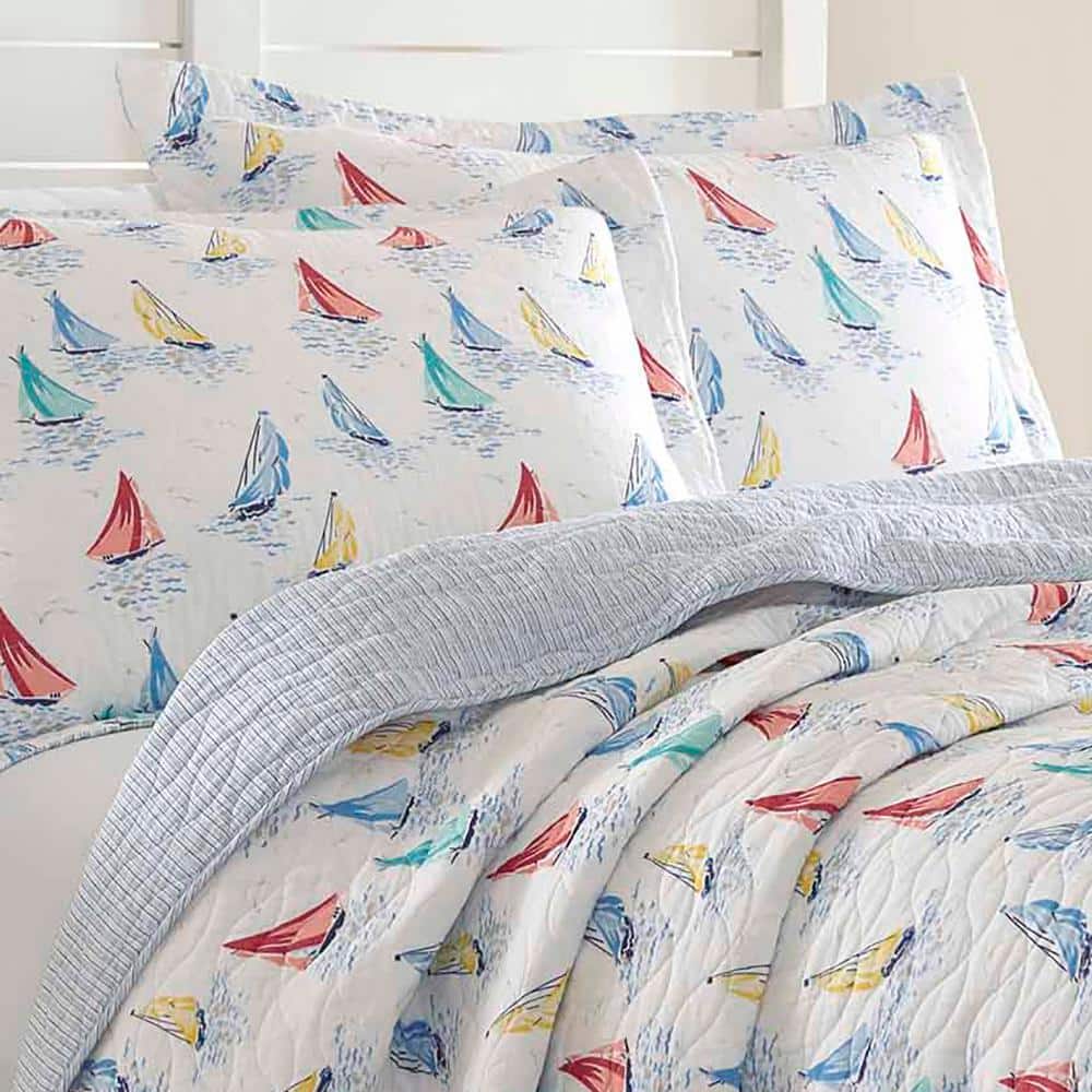 Ahoy Blue Cotton Reversible King Quilt Set