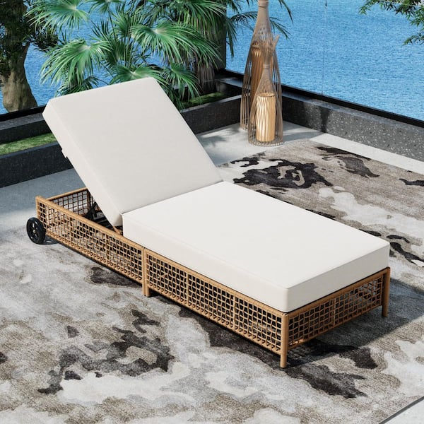 Unbranded Natural Rattan Wicker Outdoor Patio Chaise Lounge Chair with Beige Cushion, Adjustable Backrest and Wheels, for Poolside