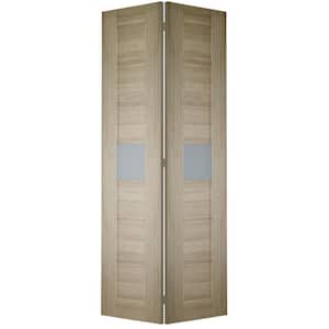 Edna 48 in. x 79.375 in. Frosted Glass Solid Composite Core 1-Lite Shambor Finished Wood Bifold Door with Hardware