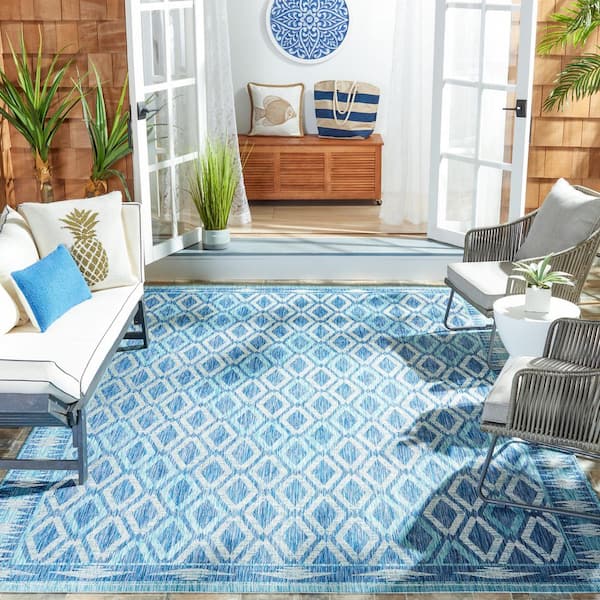 Courtyard Navy/Aqua 10 ft. x 14 ft. Border Diamond Indoor/Outdoor Area Rug