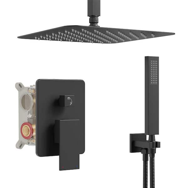 Ceiling Mount Shower Faucet Set with 12 in. Rain Showerhead and Handheld Spray Combo in Matte Black