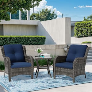 3-Piece Wicker Patio Outdoor Lounge Chair Set with Blue Cushions and Side Table