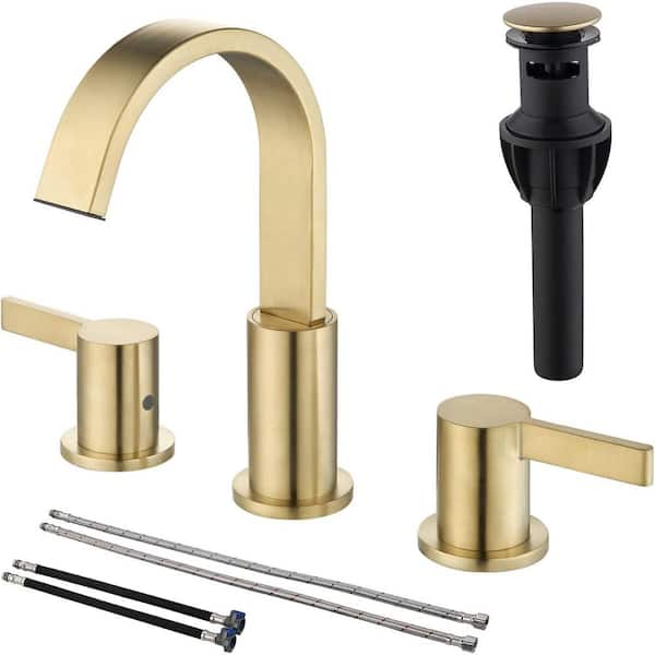 TRUSTMI 2-Handle 8 in. Brass Bathroom Sink Faucet 3 Hole Widespread, with Overflow Pop Up Drain Assembly Hoses, Brushed Gold