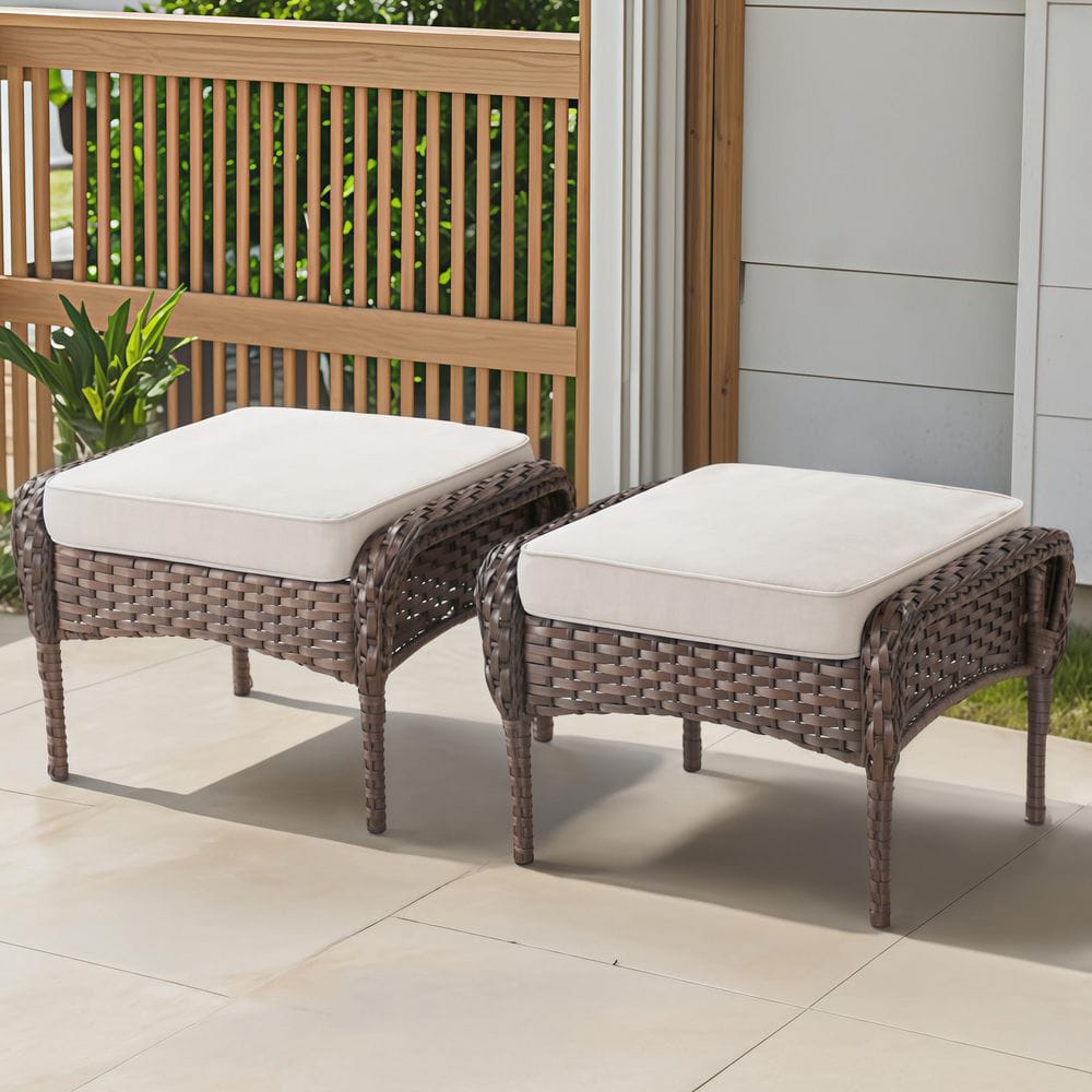 Set of 2 Brown Wicker Outdoor Ottoman with Beige Cushion, for Backyard or Deck price history on PriceWatchPro