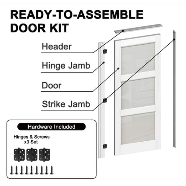 36 in. x 80 in. 3-Lite Frosted Glass LH White Solid Core MDF Single Interior Door w/ Quick Assemble Jamb Kit