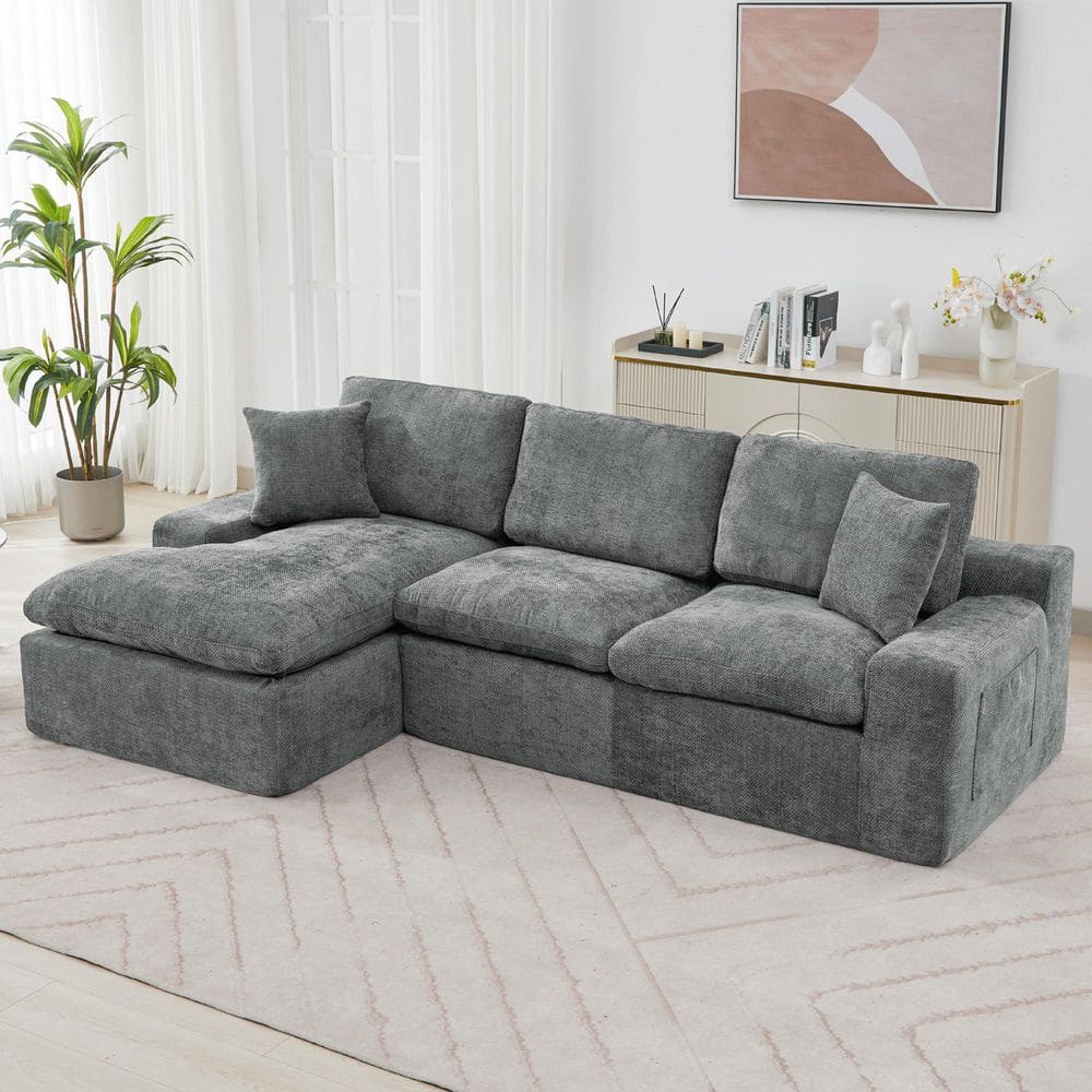 107.9 in. Upholstered Chenille Modular Cloud Sectional Sofa in Grey with Double-layer Cushion, Side Pockets