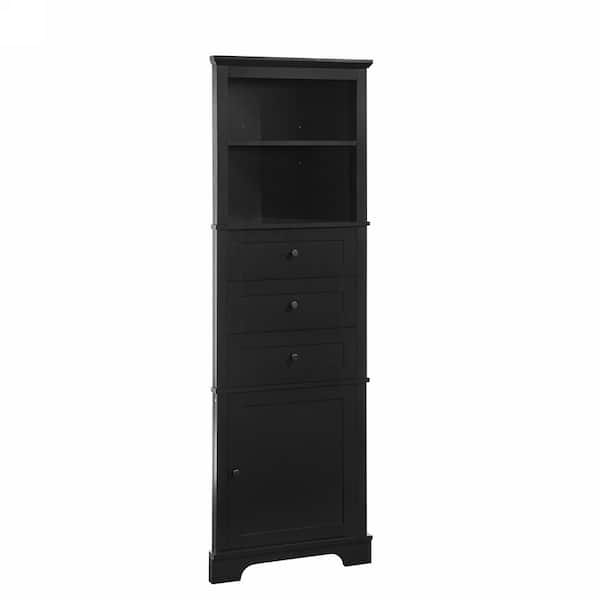 23 in. W x 13.4 in. D x 68.9 in. H Black Linen Cabinet with 3 Drawers and Adjustable Shelves for Bathroom, Kitchen