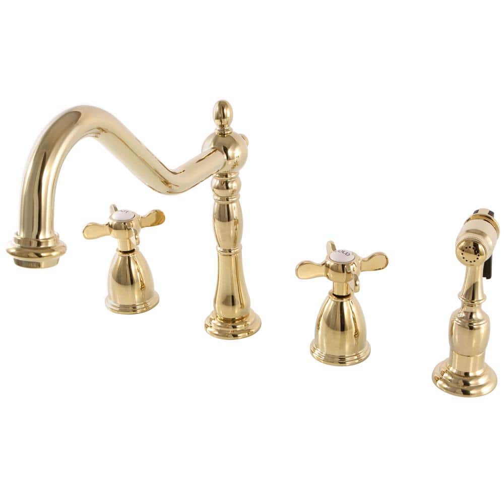 Victorian Cross 2-Handle Standard Kitchen Faucet with Side Sprayer in Polished Brass