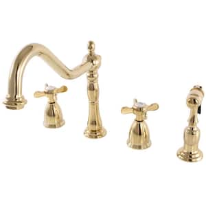 Victorian Cross 2-Handle Standard Kitchen Faucet with Side Sprayer in Polished Brass