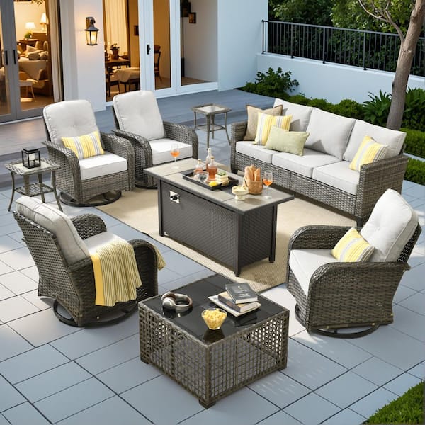 Scarlet 9-Piece Wicker Outdoor Patio Conversation Sofa Set with Swivel Chairs, a LED Table and Light Grey Cushions