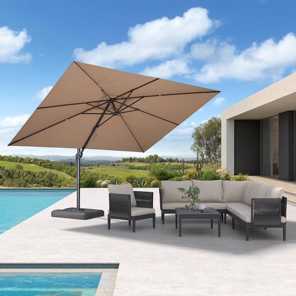 PURPLE LEAF 9 ft. x 11.5 ft. Outdoor Patio Cantilever Umbrella Aluminum 360° Rotation Umbrella with Base, Sand Dune