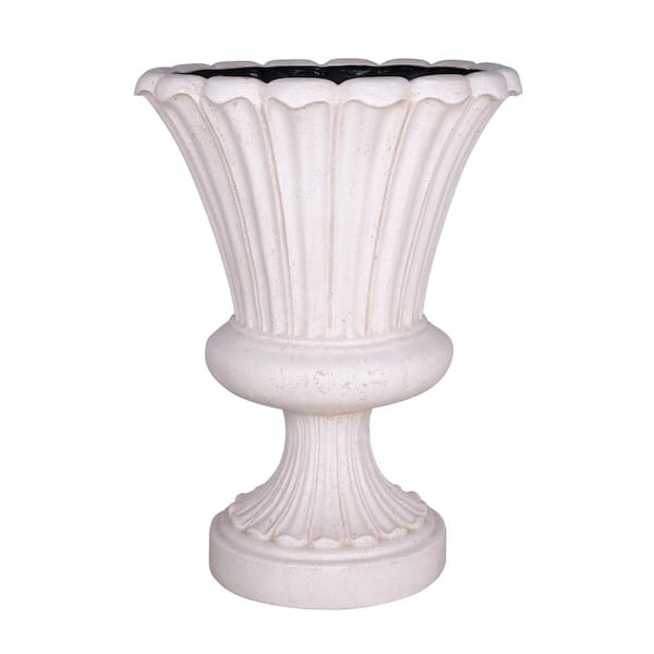 29 in. H Cast Stone Fiberglass Long Leaf Urn in Light Aged White