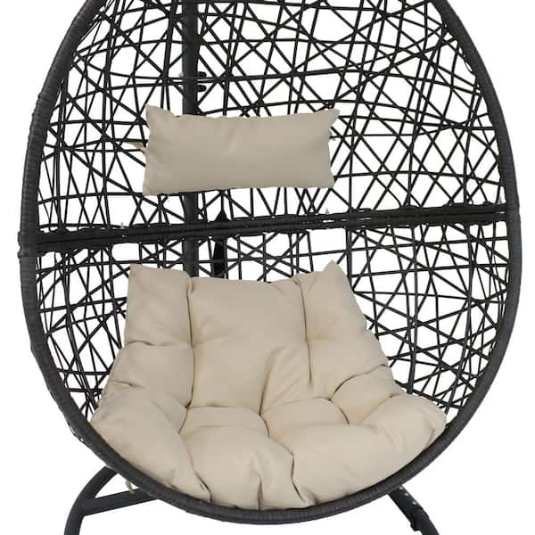 Sunnydaze Caroline Resin Wicker Outdoor Hanging Egg Patio Lounge Chair with Stand and Beige Cushions AJ 741