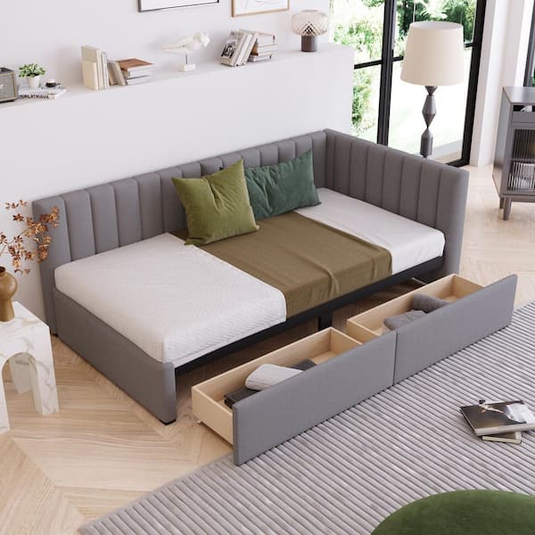 Qualler Gray Upholstered Twin Size Daybed with 2 Storage Drawers