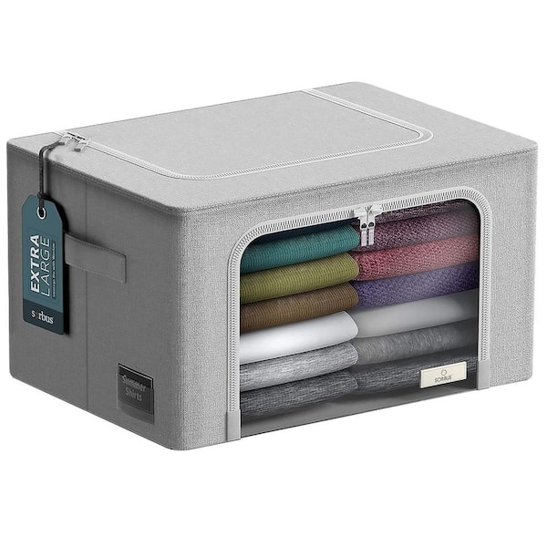 Gray 24 in. x 14 in. Fabric Decorative Box Set of 1, Jumbo Stackable Storage Bins with Metal Frame, Window, & Handles