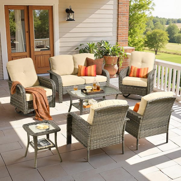 Hot Sale Serava Gray 7-Piece Wicker Outdoor Sectional Sofa Set with Swivel Chairs and Beige Cushions for Deck, Patio