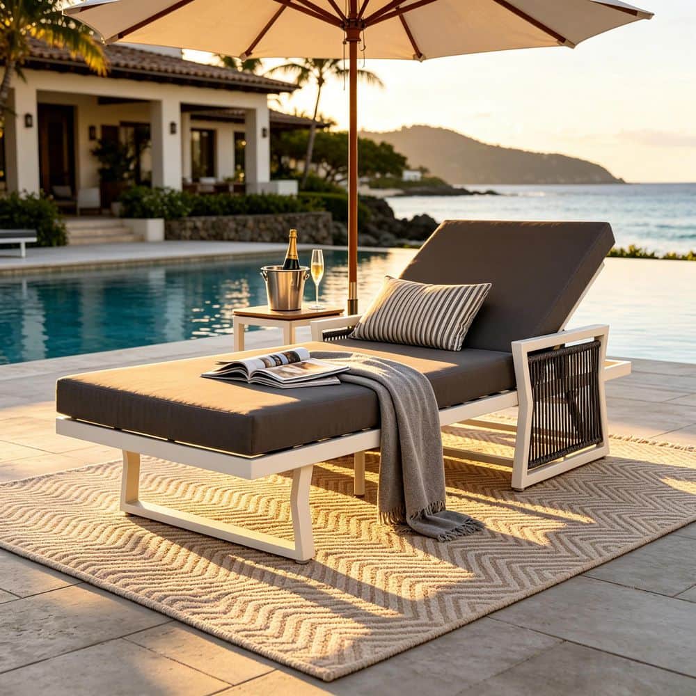 Fred White Metal Outdoor Patio Chaise Lounge with Dark Grey 2-Fold Cushion and Black Rope Armrests