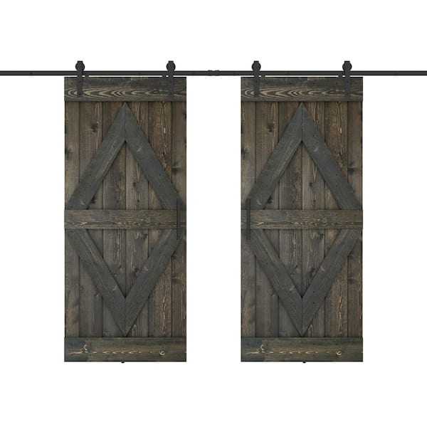 Dessliy Diamond Series 60 in. x 84 in. Fully Set Up Ebony Finished Pine Wood Sliding Barn Door with Hardware Kit