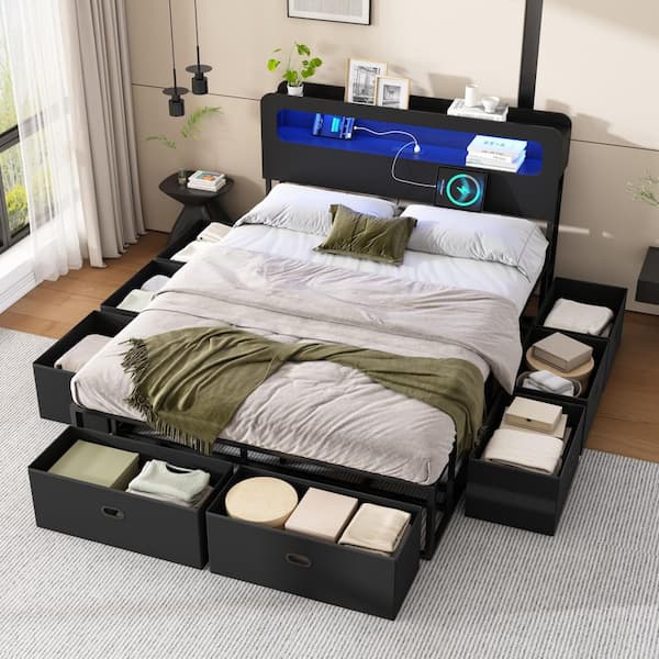 Beto Black Metal Frame Full Platform Bed with LED Storage Headboard, Charging Station, and 8 Storage Drawers