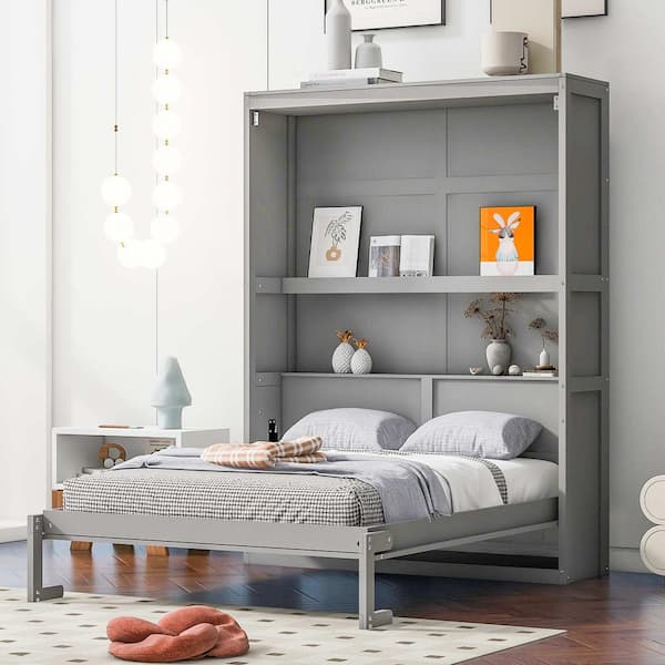 Gray Wood Frame Full Murphy Bed with Shelves