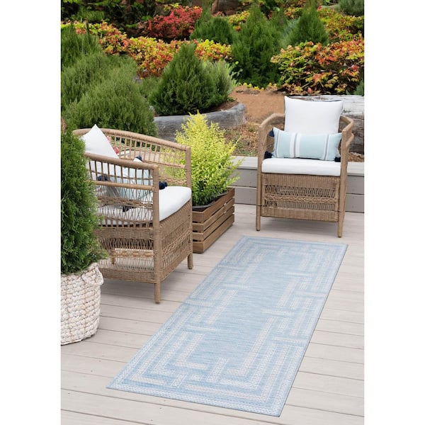Bailey Aqua 2 ft. x 7 ft. Transitional Geometric Flat Weave Polypropylene Runner Indoor/Outdoor Runner Rug