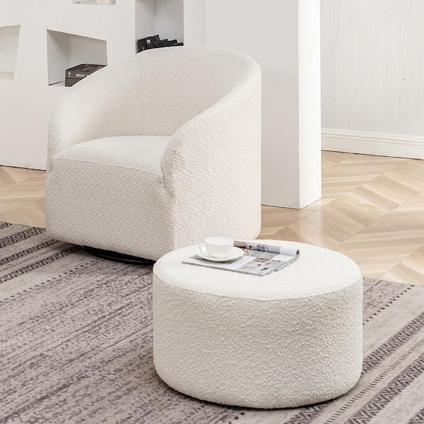 KINWELL White Boucle Upholstered Round Ottoman BSC109-24-WH