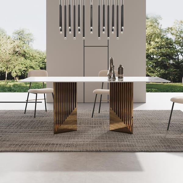 Modern Rectangle White Patek Philippe Stone Tabletop 78.84 in. Stainless Steel Double Pedestal Dining Table (10 Seats)