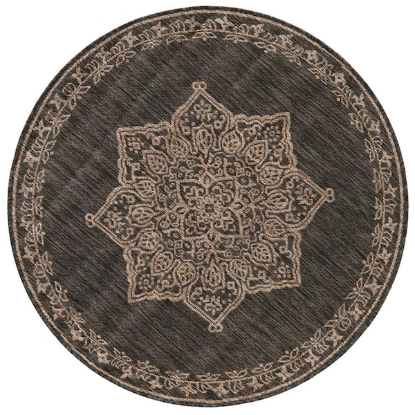 Unique Loom Charcoal Gray Antique Outdoor 4 ft. Round Area Rug