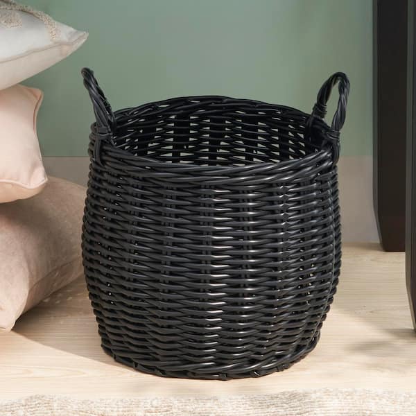 Black 13 in. x 10.2 in. Round Resin Wicker Basket with Handles-Versatile Storage & Decor for Home & Organizing