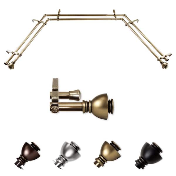 EMOH 13/16" Dia Adjustable 20"-36", 38"-72" Bay Window Double Curtain Rod with Friedman Finials in Antique Brass