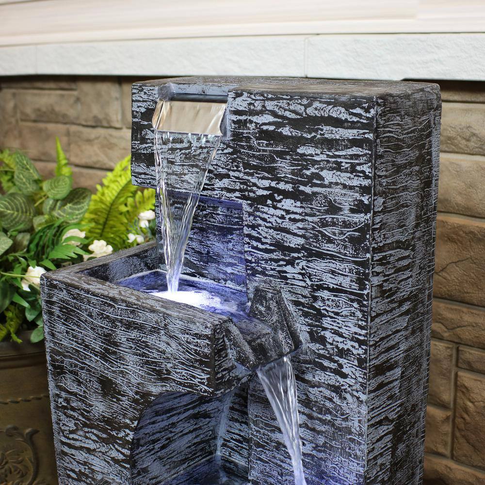 32-Inch Gray Polyresin Cascading Tower Outdoor Water Fountain with LED Lights