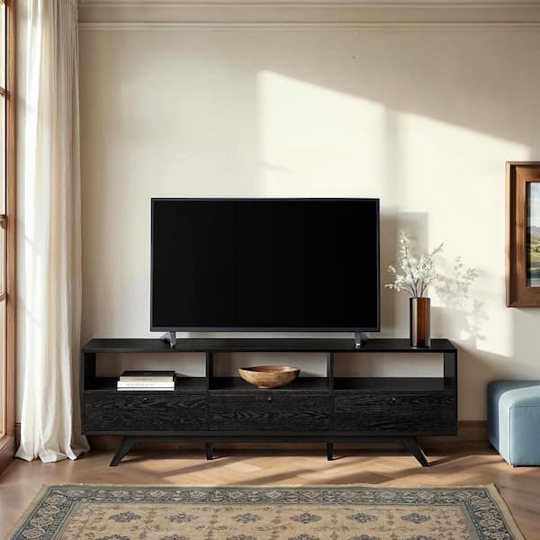 Walker Edison Furniture Company 70 in. Mid-Century Modern Black Wood TV Stand with 3 Drop Down Doors (Max TV Size 80 in.)