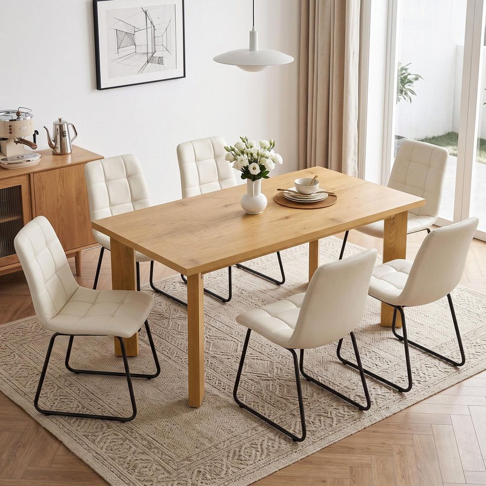 7-Pieces Modern Oak MDF Top Dining Table Set Seating 6 People with Leather White Chairs price history on PriceWatchPro