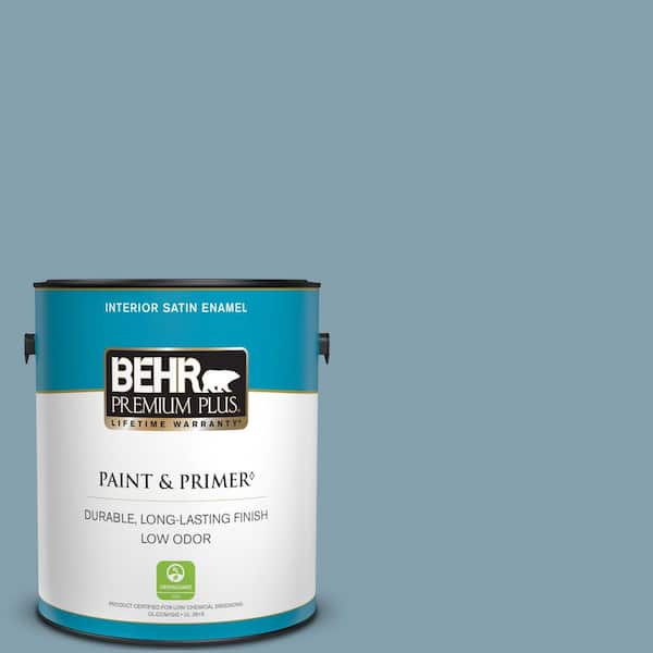 BEHR PREMIUM PLUS 1 gal. #T14-14 Cloisonne Blue Satin Enamel Low Odor Interior Paint & Primer