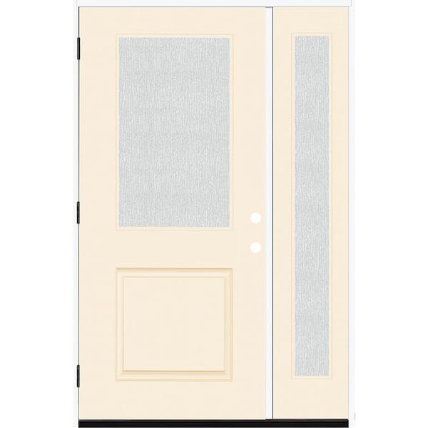 Steves & Sons Legacy 53 in. x 80 in. 1/2 Lite Rain Glass RHOS Primed Linen Finish Fiberglass Prehung Front Door w/14 in. SL