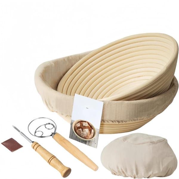 2-Set Bread Proofing Basket, 9 in. and 10 in. Round Sourdough Proofing Basket with Linen Liner, Bread Lame, Dough Whisk