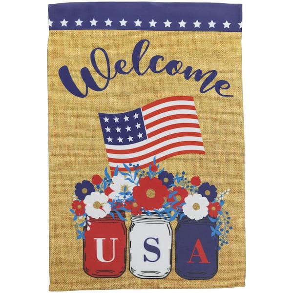 Floral Mason Jars "Welcome" USA Flag Patriotic Outdoor Garden Flag-18 in. x 12.5 in.