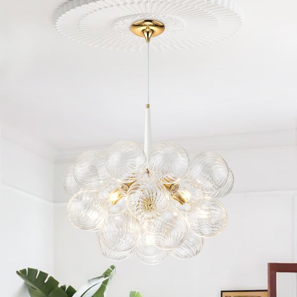 Alma 6-Light 24.8 in.W Gold and White Cluster Bubble Chandelier with Twist Glass and Leather, LED Bulbs Included