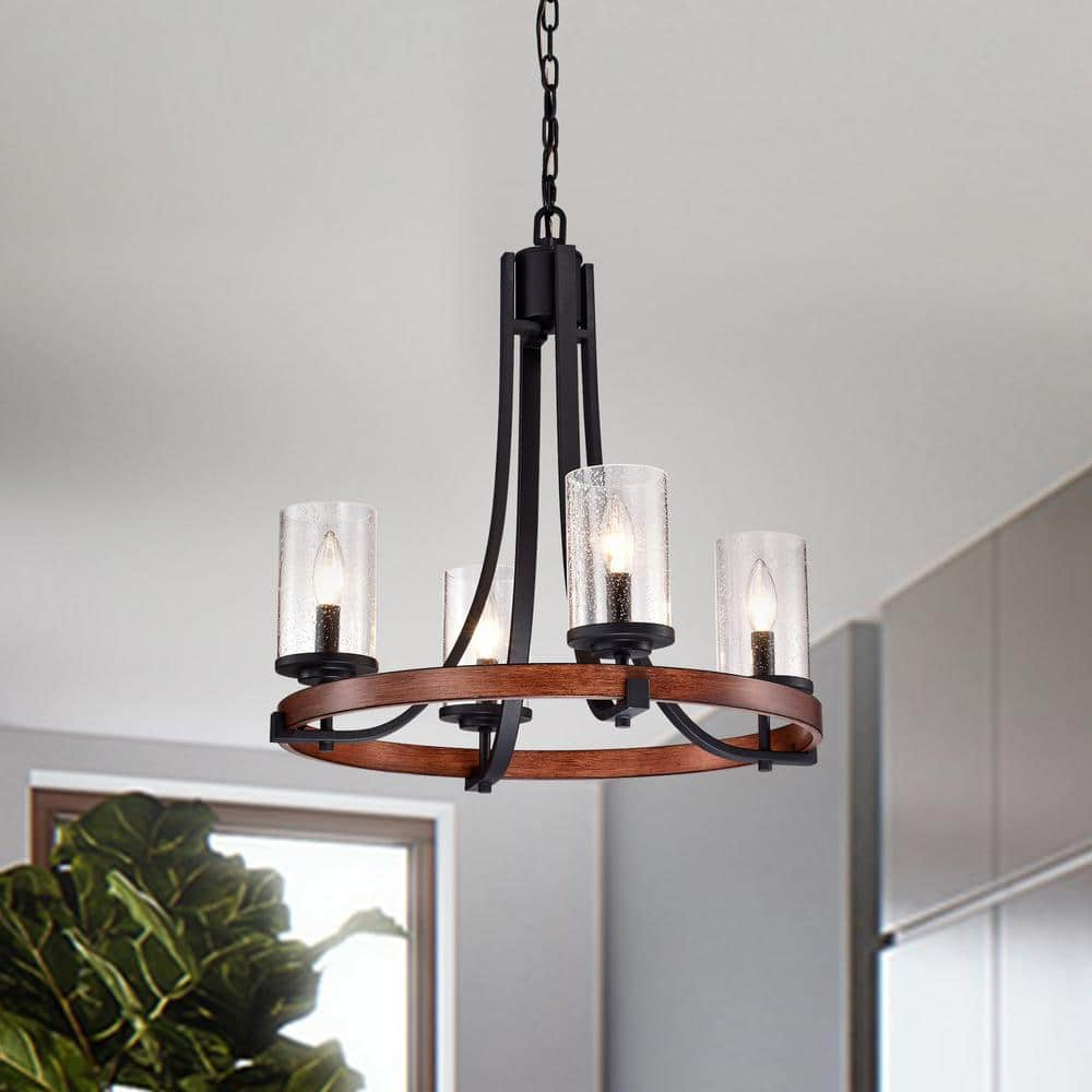 Edvivi 4-Light Black and Wood Finish Round Wheel Chandelier with Seedy ...