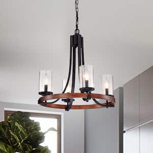 4-Light Black and Wood Finish Round Wheel Chandelier with Seedy Glass Shades