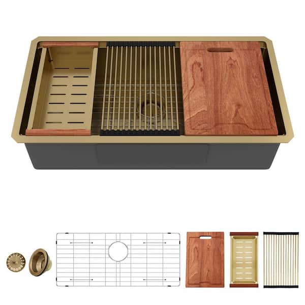 33 in. Undermount Single Bowl 16-Gauge Gold Stainless Steel Workstation Kitchen Sink with Bottom Grid & Strainer