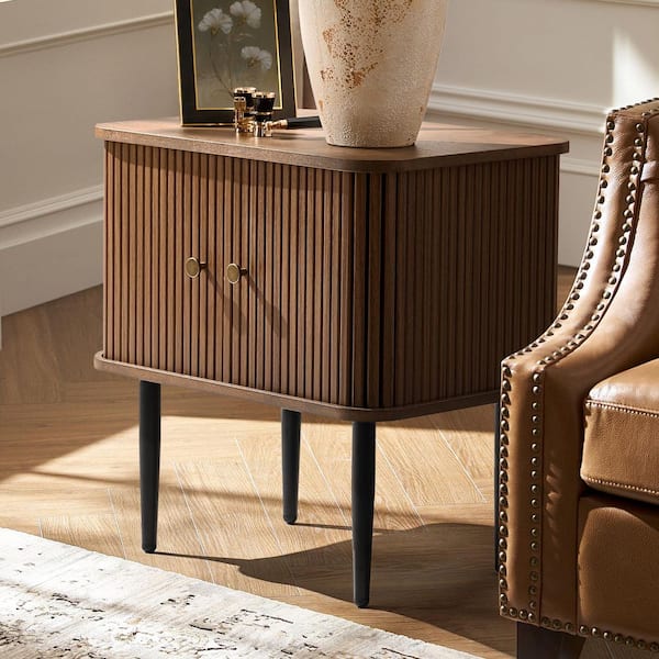 Dawn Walnut 21.6 in. W Slattd Tambour Door Nightstand with Metal Legs