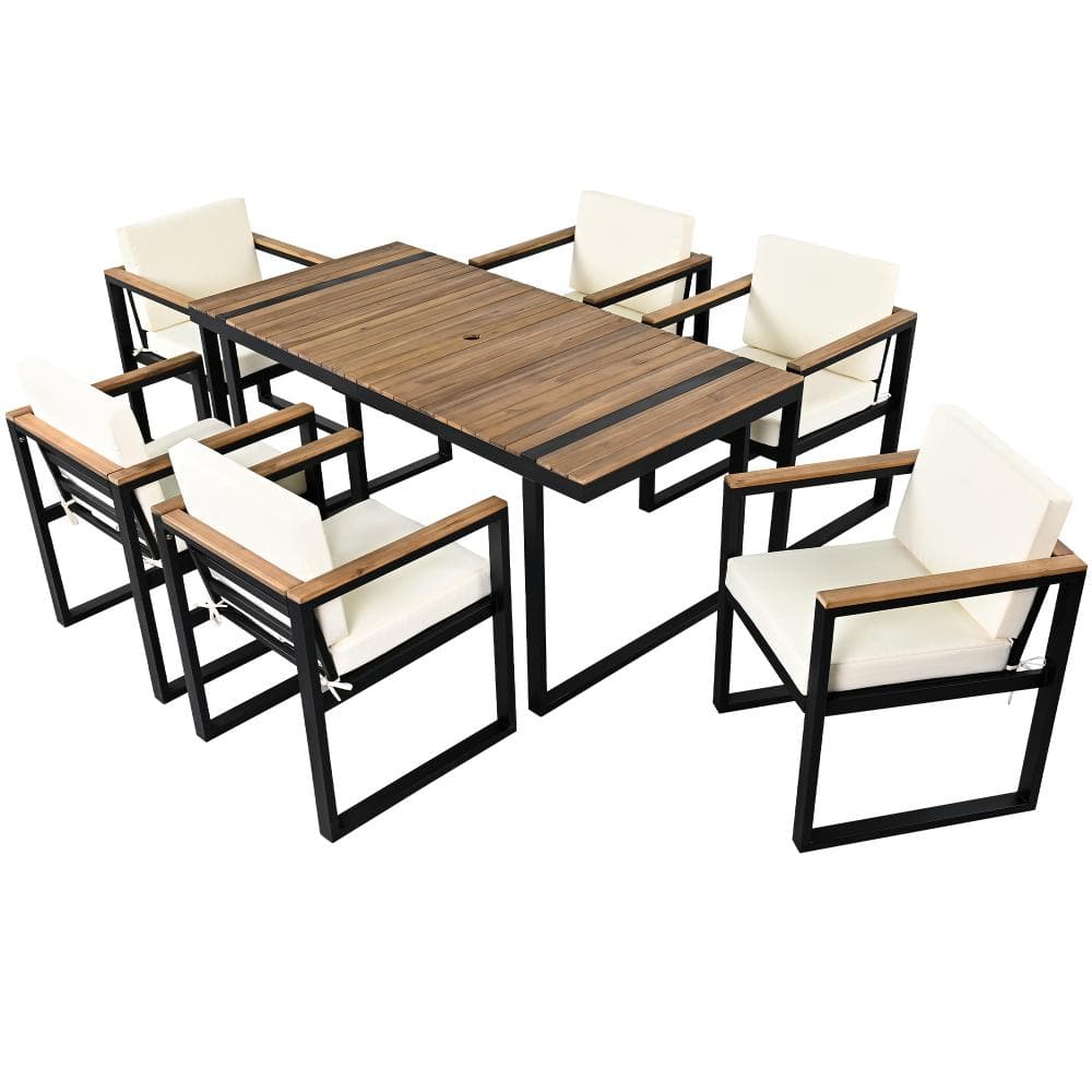7-Piece Wood Patio Dining Set, Conversation Set with Beige Cushions price history on PriceWatchPro